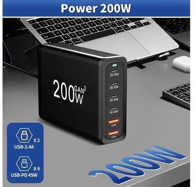 Alt view image 4 of 7 - GaN 200W 6-Port USB-C USB-A Charger QC3.0 PD3.0 Type C Fast Charging Mobile Phone Charging Station for Various Brands of Mobile Phones Tablet PC