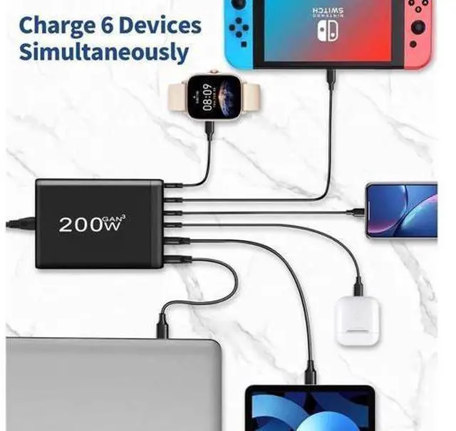 Alt view image 6 of 7 - GaN 200W 6-Port USB-C USB-A Charger QC3.0 PD3.0 Type C Fast Charging Mobile Phone Charging Station for Various Brands of Mobile Phones Tablet PC