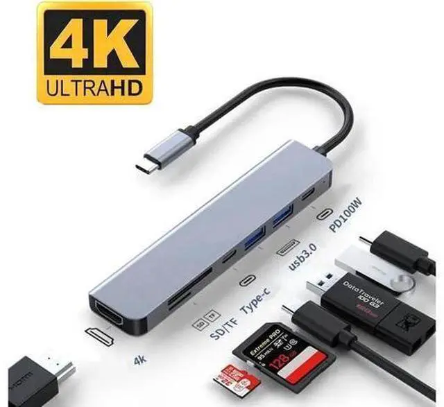 Main image of USB C Hub, 7 in 1 USB C to HDMI Multiport Adapter, 4K HDMI, Power Delivery 100 W, 2*USB 3.0 Port, USB C , SD/TF Card Reader, USB C Dongle for MacBook Pro/Air, Laptop and USB C Devices