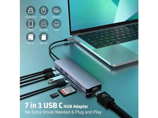 Alt view image 3 of 7 - USB C Hub, 7 in 1 USB C to HDMI Multiport Adapter, 4K HDMI, Power Delivery 100 W, 2*USB 3.0 Port, USB C , SD/TF Card Reader, USB C Dongle for MacBook Pro/Air, Laptop and USB C Devices