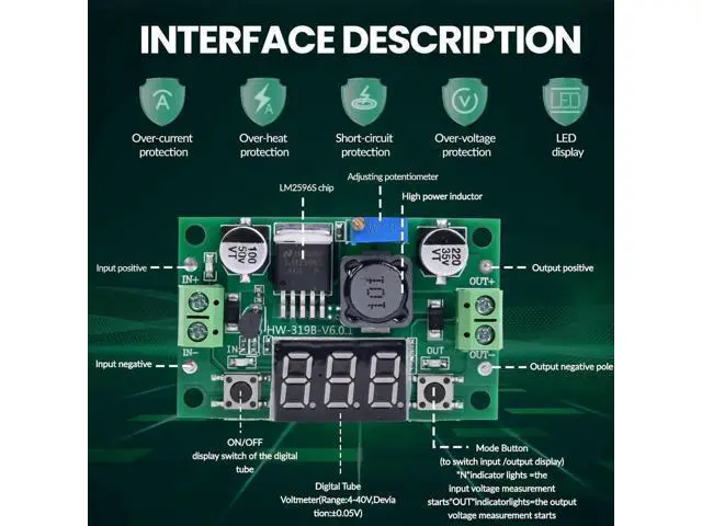 Alt view image 6 of 7 - LM2596 DC-DC Buck Converter Voltage Regulator Adjustable 4.0-40V to 1.25-37V 2A Power Supply Module with LED Voltmeter Display (Pack of 2pcs)
