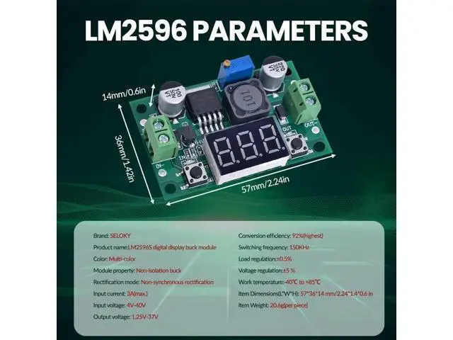 Alt view image 5 of 7 - LM2596 DC-DC Buck Converter Voltage Regulator Adjustable 4.0-40V to 1.25-37V 2A Power Supply Module with LED Voltmeter Display (Pack of 2pcs)