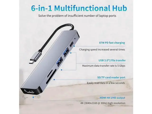 Alt view image 4 of 7 - USB C Adapter for MacBook Pro Adapter, MacBook Pro USB Adapter MacBook Pro HDMI Adapters with 2 USB 3.0, 4K@30Hz HDMI, TF/SD, USB-C Thunderbolt 3 87W