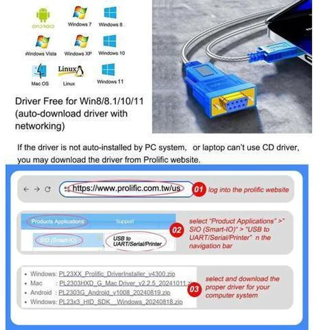 Alt view image 7 of 7 - 6 Feet USB to RS232 DB9 Female Serial Adapter Cable Windows 11 10 8 7 Mac Linux Serial to USB 2.0 with Prolific PL2303 Chip