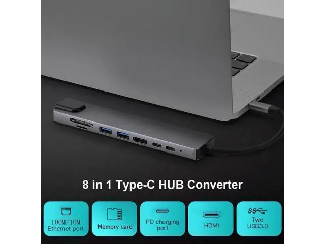 Alt view image 2 of 7 - USB C Hub, 8-in-1 USB C Adapter with 4K USB C to HDMI,Type-C Data Port, USB C Charging, 2 USB 3.0, SD/TF Card Reader, RJ45 Ethernet, USB C Dock Compatible with MacBook 2018 Ipad Pro XPS13
