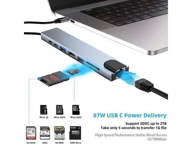 Alt view image 3 of 7 - USB C Hub, 8-in-1 USB C Adapter with 4K USB C to HDMI,Type-C Data Port, USB C Charging, USB3.0/USB2.0, SD/TF Card Reader, RJ45 Ethernet, USB C Dock Compatible Apple MacBook Pro 13/15