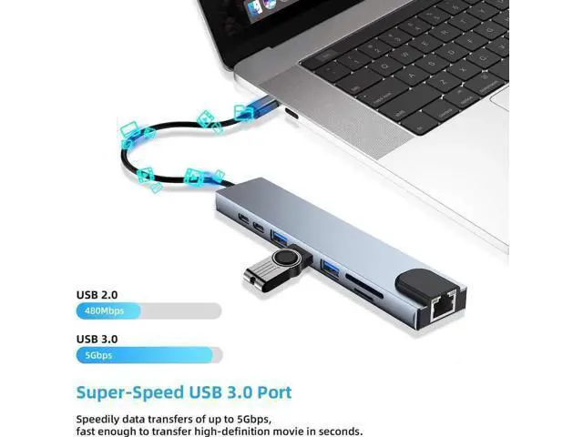 Alt view image 5 of 7 - USB C Hub, 8-in-1 USB C Adapter with 4K USB C to HDMI,Type-C Data Port, USB C Charging, USB3.0/USB2.0, SD/TF Card Reader, RJ45 Ethernet, USB C Dock Compatible Apple MacBook Pro 13/15