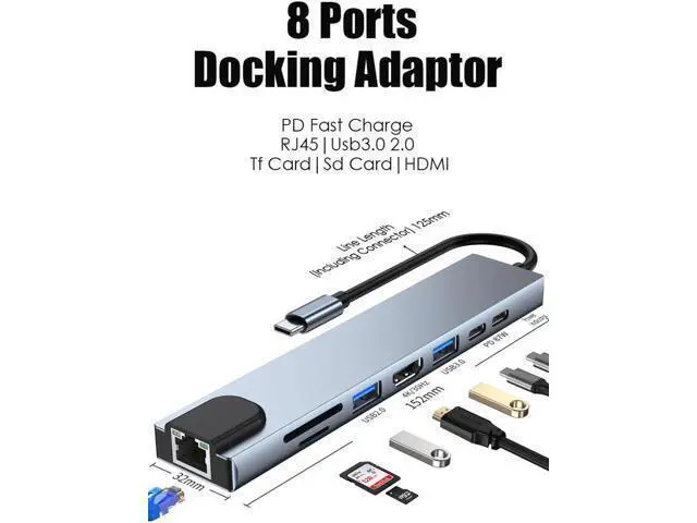 Alt view image 7 of 7 - USB C Hub, 8-in-1 USB C Adapter with 4K USB C to HDMI,Type-C Data Port, USB C Charging, USB3.0/USB2.0, SD/TF Card Reader, RJ45 Ethernet, USB C Dock Compatible Apple MacBook Pro 13/15