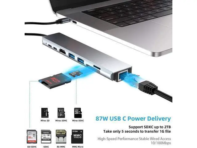 Alt view image 4 of 7 - Update Version USB C Hub, 8-in-1 Type c hub Adapter with RJ45 Port, 2 USB 3.0 Port,4K HDMI,SD/TF Card Port,87W PD, Type-C Port Compatible for MacBook/Pro/Air 2016/2017/2018 and More USB C