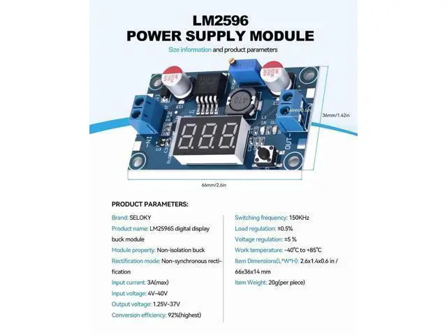 Alt view image 7 of 7 - LM2596 DC-DC Buck Power Converter Module, Adjustable Voltage Regulator 4-40V to 1.25-37V Buck Converter with LED Voltmeter DisplayPack of 2