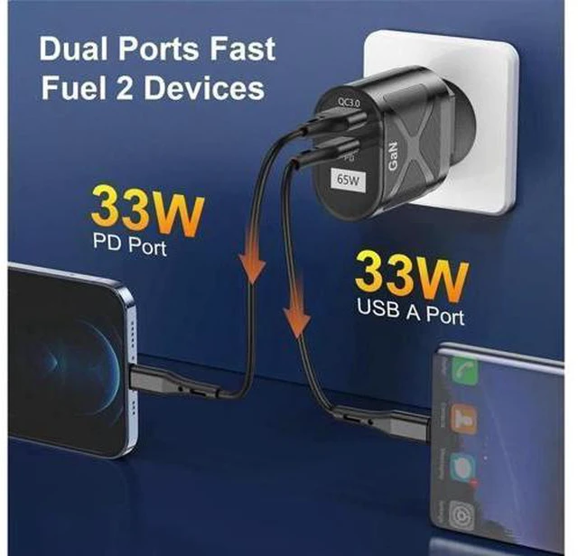 Alt view image 5 of 7 - 65W GaN Fast Charger Dual Port USB Type C Phone Charger Quick Charging 3.0 Power Adapter For iPhone 14 13 Xiaomi Samsung Wall Charger - White