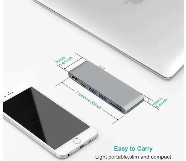 Alt view image 2 of 7 - USB C Hub HDMI, 6-in-1 USB Type C Multi-port Adapter with 4K HDMI, USB-C Power Delivery,2 USB 3.0 Ports,SD/Micro Card Reader,Compatible with MacBook 2017/2016 and other USB-C Devices-Gray
