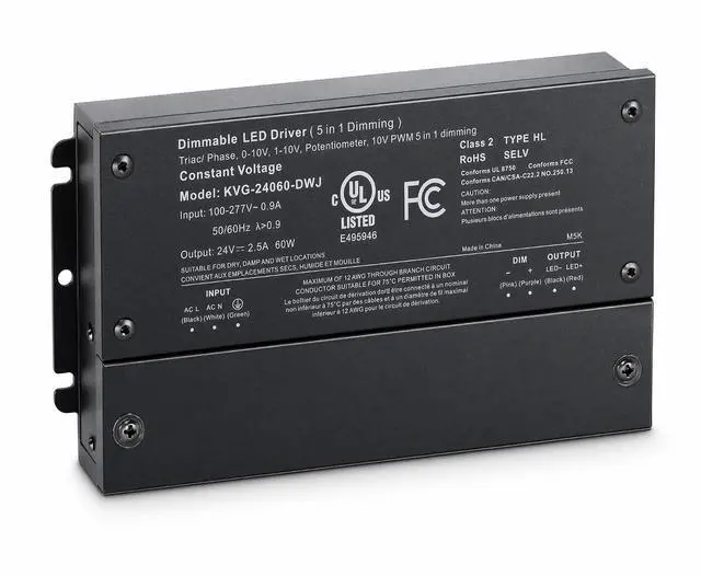 Main image of Dimmable LED Driver, AC 100-277V to DC 24V 2.5A 60W Transformer | 5-in-1 Triac, IP67 Waterproof Class 2 Power Supply, for Commercial Residential Lighting