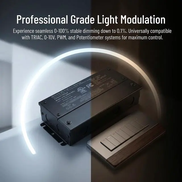 Alt view image 4 of 7 - Dimmable LED Driver, AC 100-277V to DC 24V 2.5A 60W Transformer | 5-in-1 Triac, IP67 Waterproof Class 2 Power Supply, for Commercial Residential Lighting