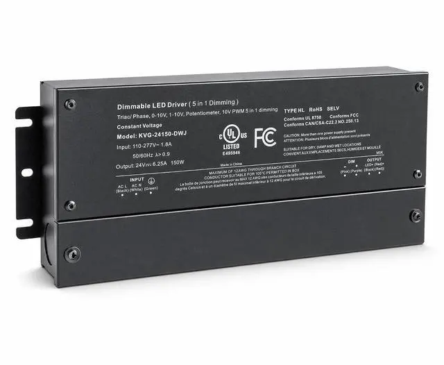 Main image of Dimmable LED Driver, AC 110-277V to DC 24V 6.25A 150W Transformer | 5-in-1 Triac, IP67 Waterproof Class 2 Power Supply, for Commercial Residential Lighting