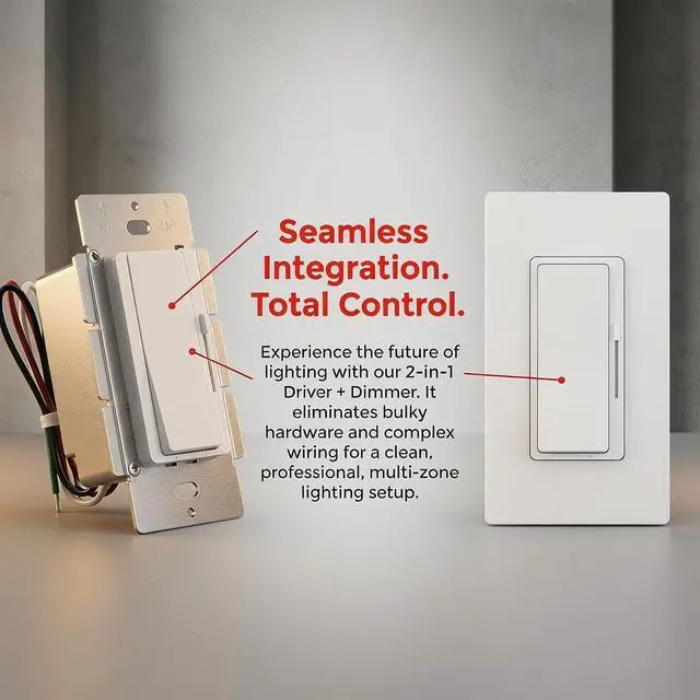 Alt view image 2 of 7 - 2-in-1 LED Dimmer Switch LED Driver, AC 120V to DC 24V 60W Transformer | Single Pole or 3-Way Slide Dimmer, Flicker-Free Dimming, for LED Strip Lights, Under Cabinet Lighting