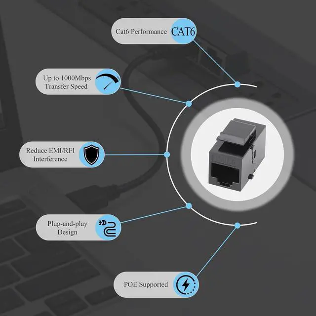 Alt view image 2 of 7 - 25 Pack CAT6 RJ45 Keystone Coupler, Female to Female UTP Insert, Black | Tool-free Plug-and-Play, Universal Keystone Fit, Compact Lightweight Build, Flame-retardant ABS, Cat6/Cat5e/Cat5 Compatible