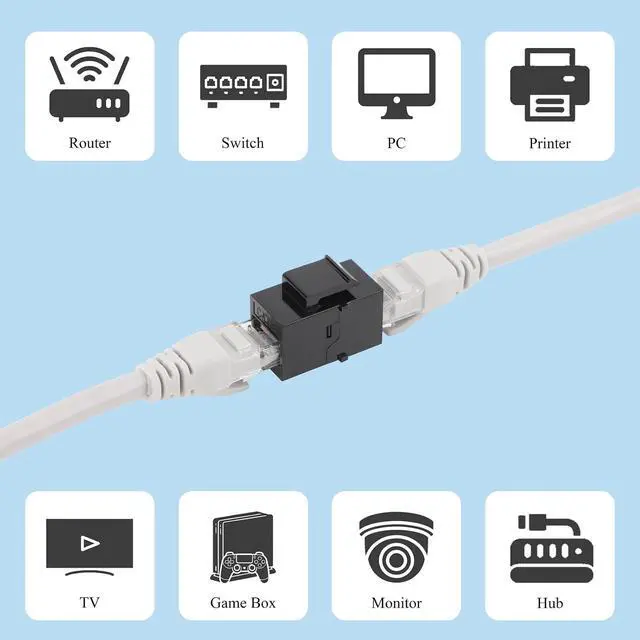 Alt view image 3 of 7 - 25 Pack CAT6 RJ45 Keystone Coupler, Female to Female UTP Insert, Black | Tool-free Plug-and-Play, Universal Keystone Fit, Compact Lightweight Build, Flame-retardant ABS, Cat6/Cat5e/Cat5 Compatible