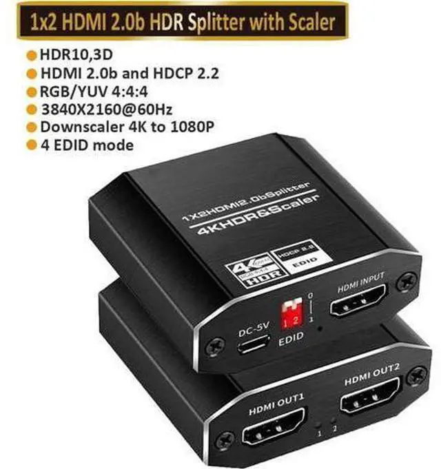 Main image of 1 in 2 Out HDMI 2.0b Splitter 4K@60Hz with 4 Adjustable EDID Modes, HDCP 2.2 Support, RGB 4:4:4 3D HDMI Duplicator for PS4 PS5 Xbox PC Blu-Ray Player Fire Stick