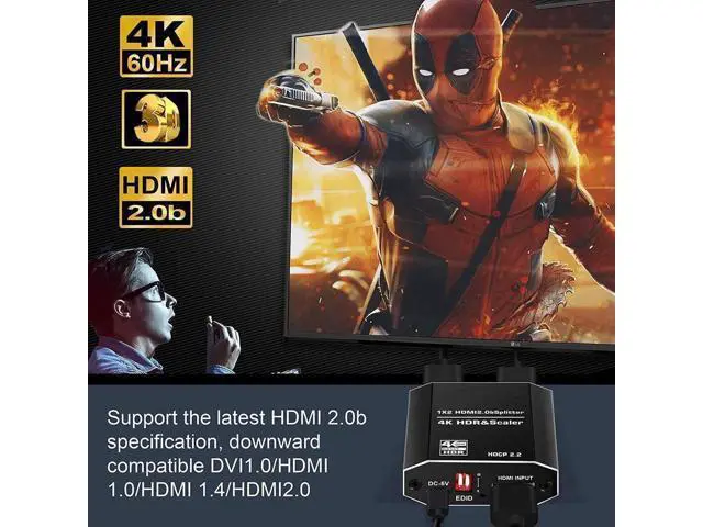 Alt view image 6 of 7 - 1 in 2 Out HDMI 2.0b Splitter 4K@60Hz with 4 Adjustable EDID Modes, HDCP 2.2 Support, RGB 4:4:4 3D HDMI Duplicator for PS4 PS5 Xbox PC Blu-Ray Player Fire Stick