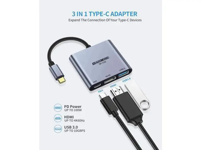 Alt view image 7 of 7 - 3 in 1 USB C Multiport AV Adapter, 4K@60Hz Type-C to HDMI Converter with 100W PD Charging & USB 3.0 Port, Compatible with MacBook Pro/Air, Switch, Steam Deck, Rog Ally, iPhone, iPad Pro, Samsung Galax
