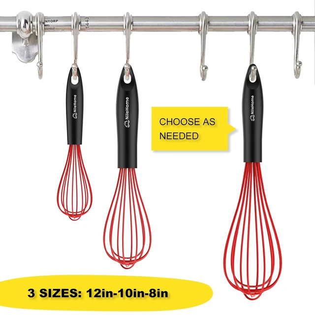 Alt view image 2 of 7 - Silicone Whisk Set 8" 10" 12" Kitchen Whisk Red,3-pack