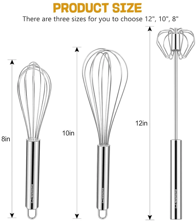 Alt view image 2 of 7 - Stainless Steel Whisk Set 8" 10" + 12" Semi-Automatic Rotary