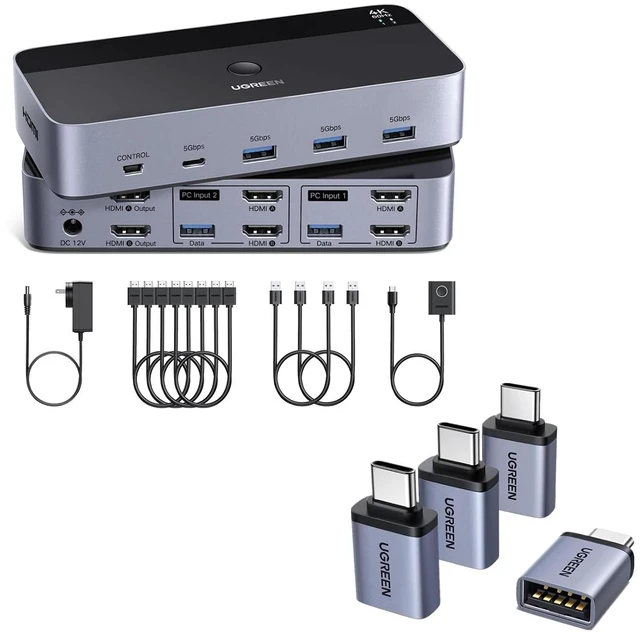 Main image of HDMI KVM Switch 2 Monitors 2 Computers 4K@60Hz with 4 USB 3.0 Ports for 2 Computers Sharing 2 Monitors Keyboard Mouse Bundle with 10Gbps USB C to USB Adapter 4 Pack