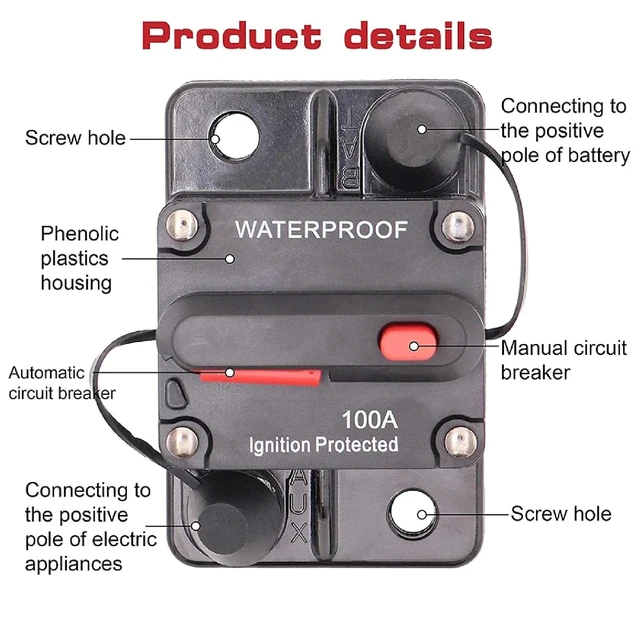 Alt view image 4 of 5 - Waterproof Circuit Breaker with Manual Reset, 30A Ignition Protected, Marine and Automotive DC Circuit Protection, Black with Red Button (200A)