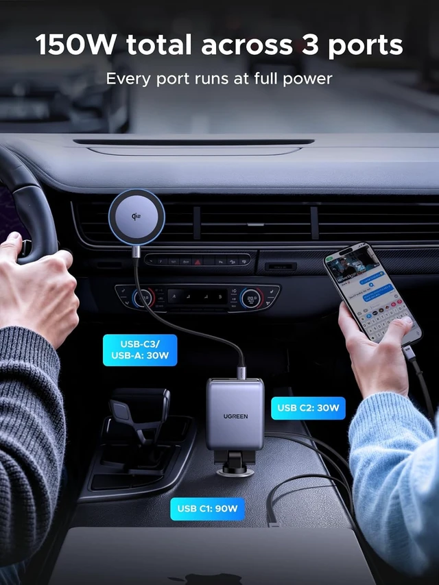 Alt view image 3 of 7 - 150W 4-Port Retractable Car Charger with 100W Retractable Cable