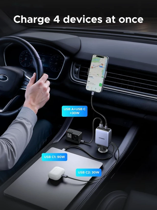 Alt view image 6 of 7 - 150W 4-Port Retractable Car Charger with 100W Retractable Cable