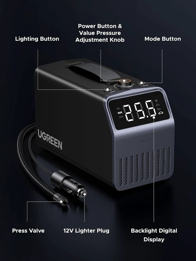 Alt view image 7 of 7 - Portable Tire Inflator Air Compressor, Fast 1-Min Inflation Car Tire Pump with LED Screen, 4500mAh Battery, Preset Pressure & Auto Stop, for Car, Motorcycle, Bike & Ball