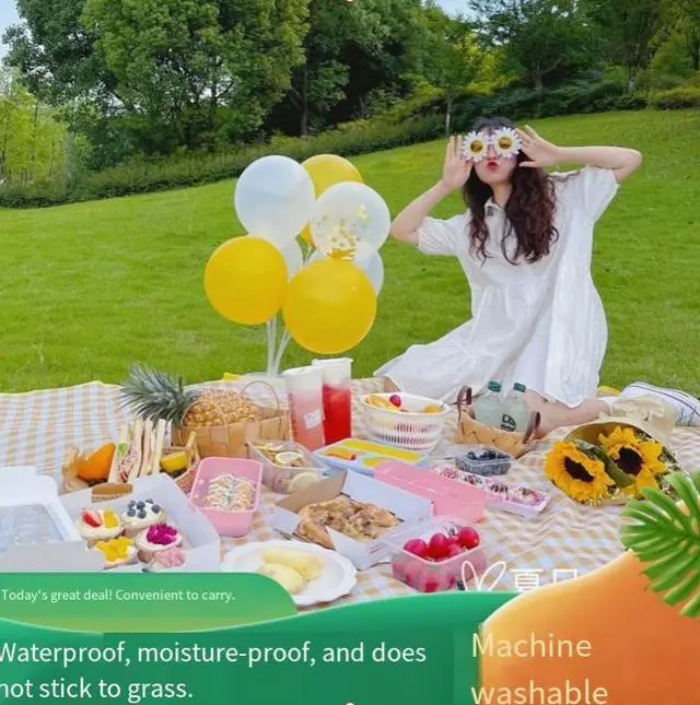 Alt view image 5 of 5 - Ins style outdoor checkered picnic mat, water-resistant and moisture-proof, does not absorb grass, camping mat, portable outdoor mat