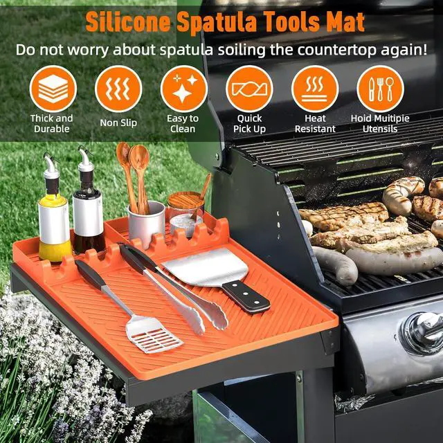 Alt view image 6 of 6 - Silicone Grill Mat Compatible with Blackstone, BBQ Griddle Tools Mat with Drip Pad, Spatula Mat for Outdoor Kitchen Counter, Gifts for Men (Orange)