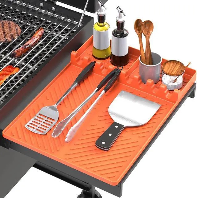 Alt view image 2 of 6 - Silicone Grill Mat Compatible with Blackstone, BBQ Griddle Tools Mat with Drip Pad, Spatula Mat for Outdoor Kitchen Counter, Gifts for Men (Orange)