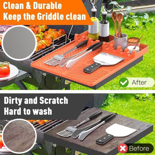 Alt view image 3 of 6 - Silicone Grill Mat Compatible with Blackstone, BBQ Griddle Tools Mat with Drip Pad, Spatula Mat for Outdoor Kitchen Counter, Gifts for Men (Orange)