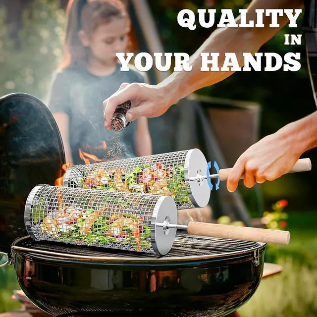 Alt view image 4 of 5 - ivtivfu Rolling Grill Basket, Removable Wooden Handle, 304 Stainless Steel, Nesting BBQ Tools, Smoker Grilling Accessories for Vegetable, Outdoor Cooking Camping, Birthday Gifts for Men Dad Husband