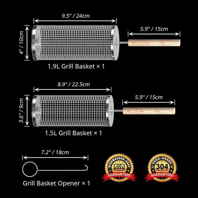 Alt view image 2 of 5 - ivtivfu Rolling Grill Basket, Removable Wooden Handle, 304 Stainless Steel, Nesting BBQ Tools, Smoker Grilling Accessories for Vegetable, Outdoor Cooking Camping, Birthday Gifts for Men Dad Husband