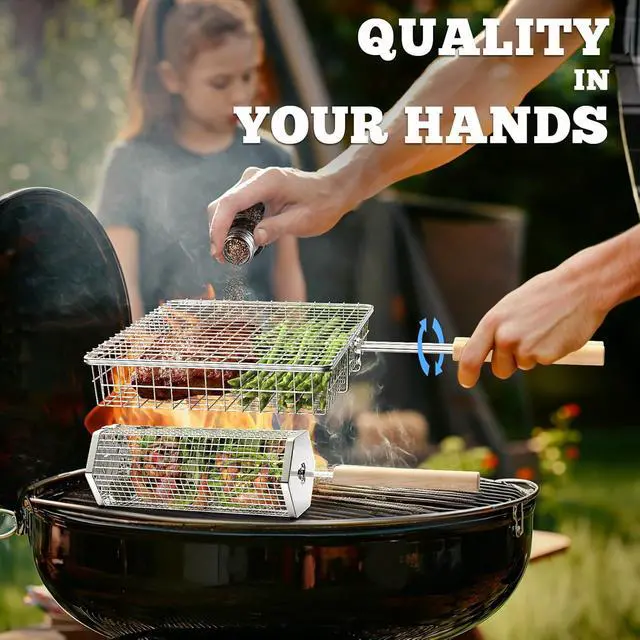 Alt view image 5 of 5 - ivtivfu Grill Basket Set, Removable Wooden Handle, 304 Stainless Steel, Rolling BBQ Tools, Smoker Grilling Accessories for Vegetable Fish, Outdoor Cooking Camping, Birthday Gifts for Men Dad Husband