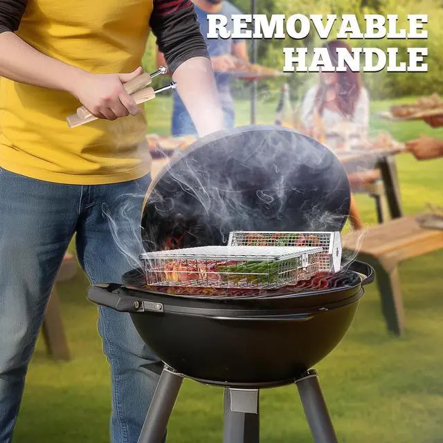 Main image of ivtivfu Grill Basket Set, Removable Wooden Handle, 304 Stainless Steel, Rolling BBQ Tools, Smoker Grilling Accessories for Vegetable Fish, Outdoor Cooking Camping, Birthday Gifts for Men Dad Husband