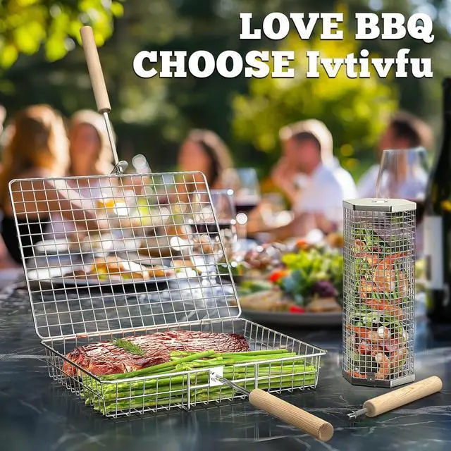Alt view image 4 of 5 - ivtivfu Grill Basket Set, Removable Wooden Handle, 304 Stainless Steel, Rolling BBQ Tools, Smoker Grilling Accessories for Vegetable Fish, Outdoor Cooking Camping, Birthday Gifts for Men Dad Husband