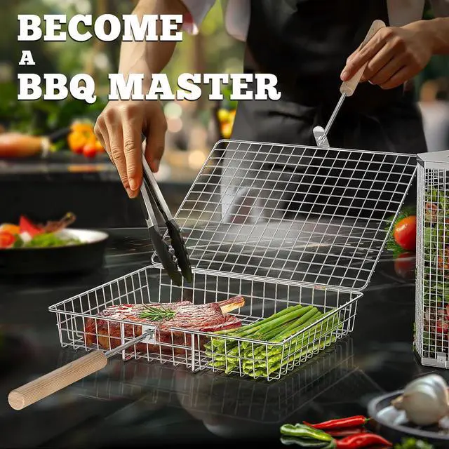 Alt view image 2 of 5 - ivtivfu Grill Basket Set, Removable Wooden Handle, 304 Stainless Steel, Rolling BBQ Tools, Smoker Grilling Accessories for Vegetable Fish, Outdoor Cooking Camping, Birthday Gifts for Men Dad Husband