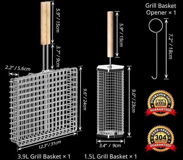Alt view image 3 of 5 - ivtivfu Grill Basket Set, Removable Wooden Handle, 304 Stainless Steel, Rolling BBQ Tools, Smoker Grilling Accessories for Vegetable Fish, Outdoor Cooking Camping, Birthday Gifts for Men Dad Husband