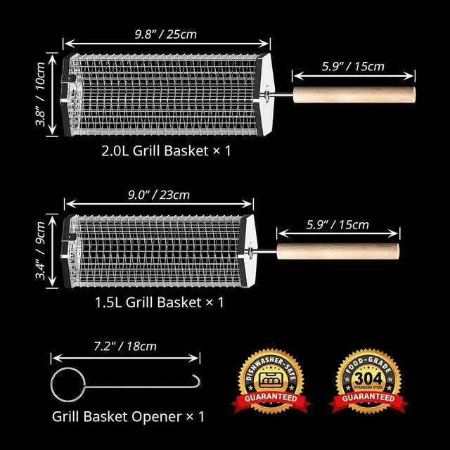 Alt view image 2 of 6 - ivtivfu Rolling Grill Basket, Removable Wooden Handle, 304 Stainless Steel, Nesting Grilling Tools, Smoker BBQ Accessories for Vegetable, Outdoor Cooking Camping, Birthday Gifts for Men Dad Husband