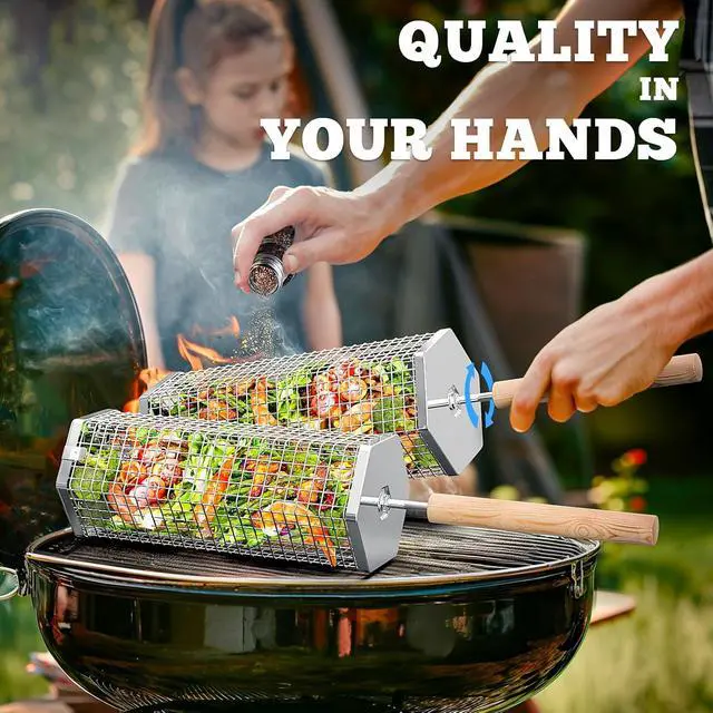 Alt view image 5 of 6 - ivtivfu Rolling Grill Basket, Removable Wooden Handle, 304 Stainless Steel, Nesting Grilling Tools, Smoker BBQ Accessories for Vegetable, Outdoor Cooking Camping, Birthday Gifts for Men Dad Husband