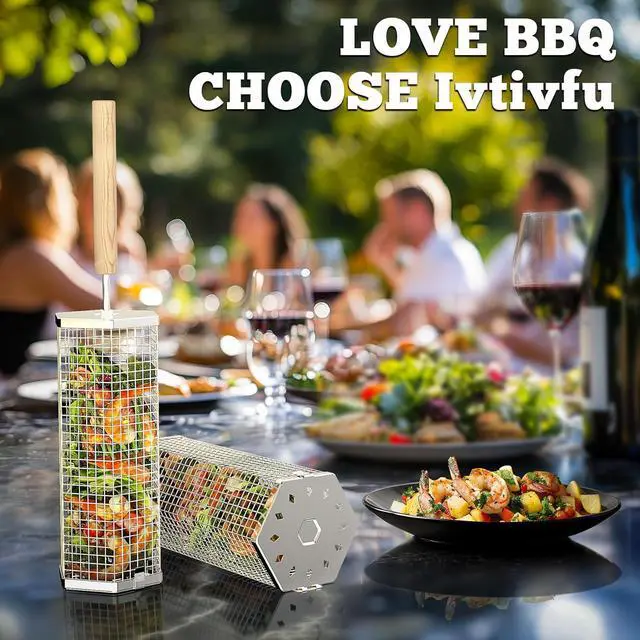 Alt view image 4 of 6 - ivtivfu Rolling Grill Basket, Removable Wooden Handle, 304 Stainless Steel, Nesting Grilling Tools, Smoker BBQ Accessories for Vegetable, Outdoor Cooking Camping, Birthday Gifts for Men Dad Husband