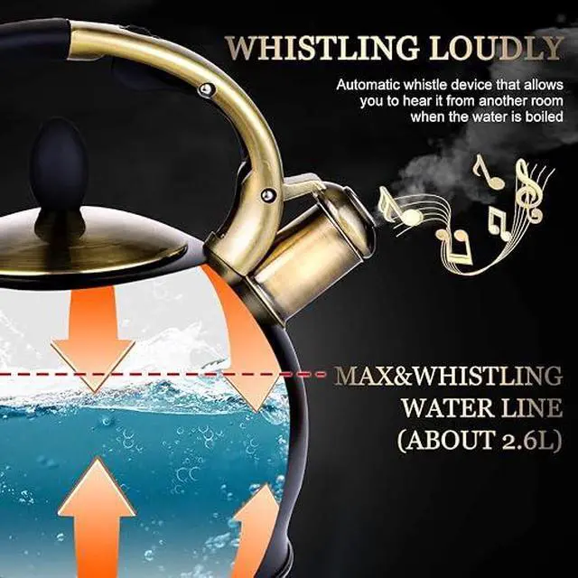 Alt view image 3 of 4 - SUSTEAS Stove Top Whistling Tea Kettle - Food Grade Stainless Steel Teakettle Teapot with Cool Touch Ergonomic Handle, With 1 Silicone Pinch Mitt Included, 2.64 Quart(BLACK)