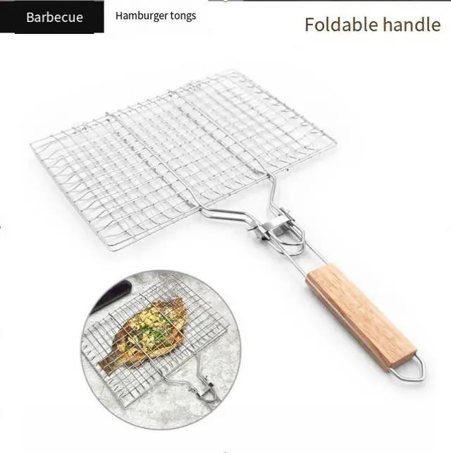 Alt view image 2 of 3 - BBQ stainless steel barbecue tongs, outdoor foldable handle grilling net tongs, barbecue rack, square grilling fish net, sausage tongs