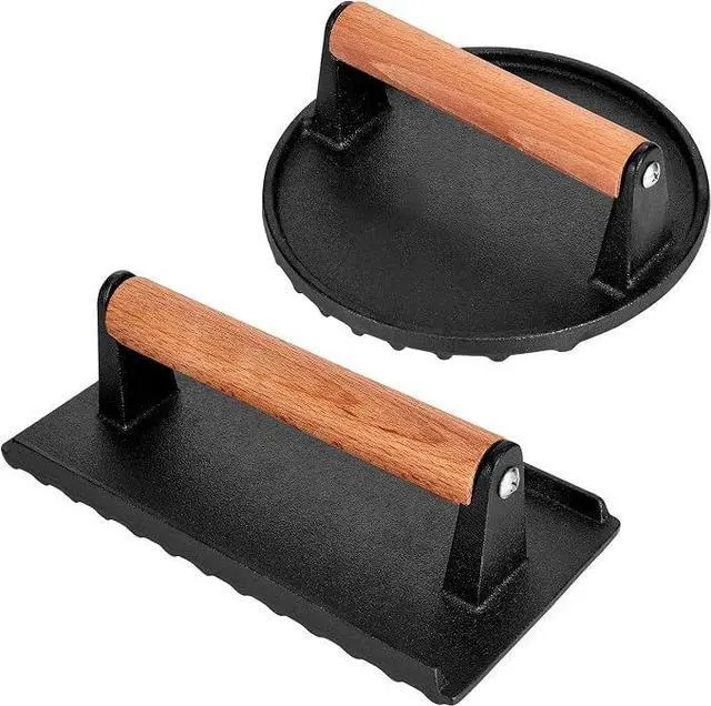 Main image of Blackstone Burger Press Set - 7" Round Smash Burger Press & 8"x4" Rectangle Cast Iron Grill Press with Wooden Handle - Smasher is Perfect for Blackstone Griddle, Pitboss Weber Griddle Grills