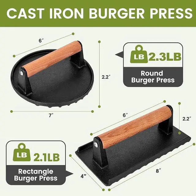 Alt view image 5 of 5 - Blackstone Burger Press Set - 7" Round Smash Burger Press & 8"x4" Rectangle Cast Iron Grill Press with Wooden Handle - Smasher is Perfect for Blackstone Griddle, Pitboss Weber Griddle Grills